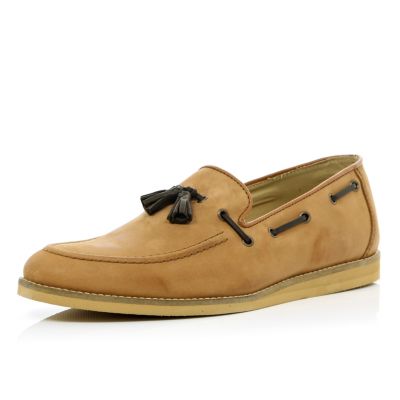 Brown nubuck contrast tassel loafers
