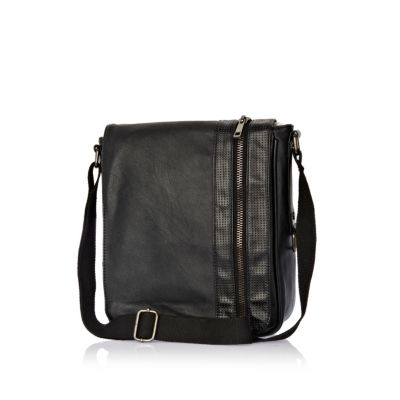 Black perforated panel zip cross body bag