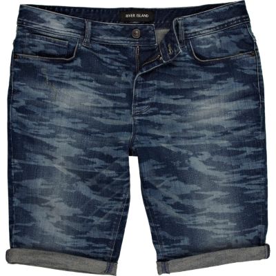 Blue camo print denim shorts