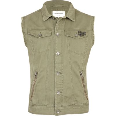 Khaki green studded denim gilet