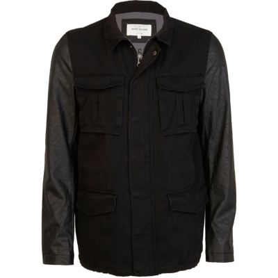 Black leather look sleeve field jacket 