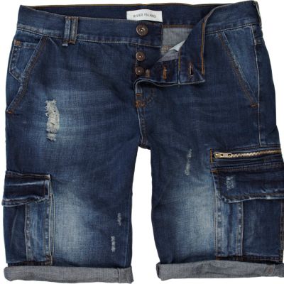 Blue distressed denim cargo shorts