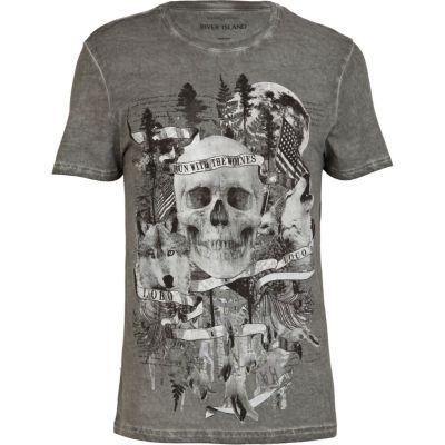 Grey distressed skull print t-shirt