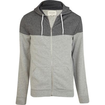 Grey marl contrast yoke zip up hoodie