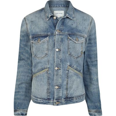 Blue distressed utility pocket denim jacket