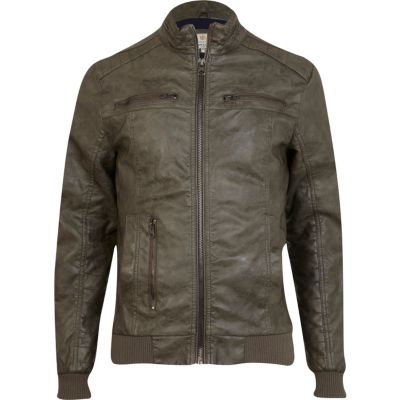 Dark green leather look biker jacket
