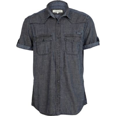 Blue dark denim military short sleeve shirt 