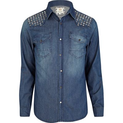 Blue stud shoulder denim shirt
