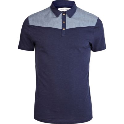 Navy contrast yoke western polo shirt