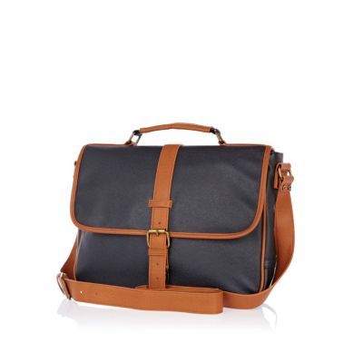 Navy textured contrast strap satchel