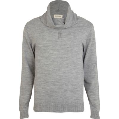Grey knit cowl neck drawstring jumper
