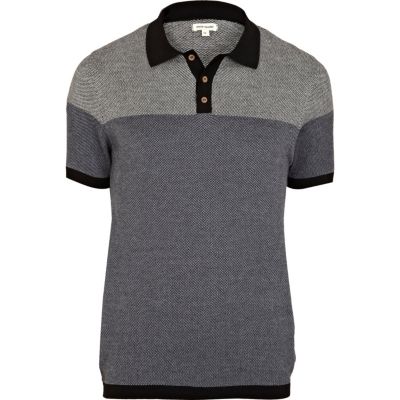 Black pattern colour block knitted polo shirt