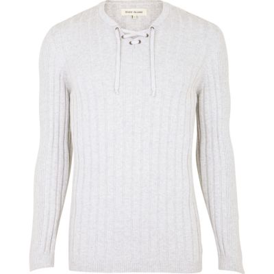 Grey rib lace neck jumper