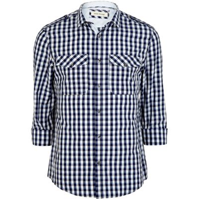 Blue check mini collar military shirt