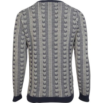 Navy inside out jacquard pattern jumper