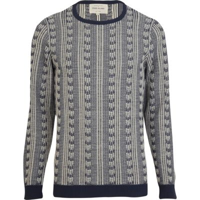 Navy inside out jacquard pattern jumper
