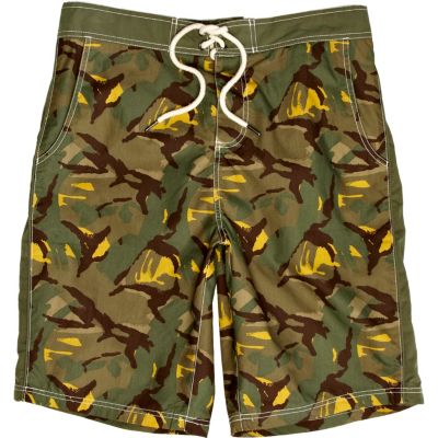 Green camo print board shorts