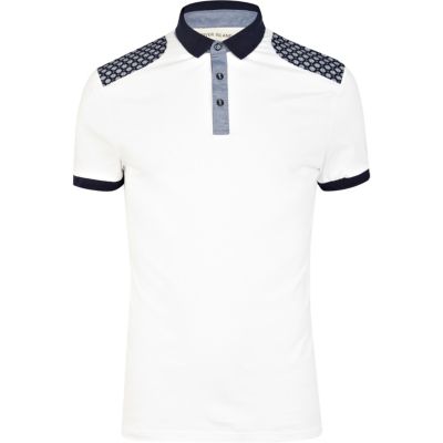 Ecru tile print shoulder patch polo shirt