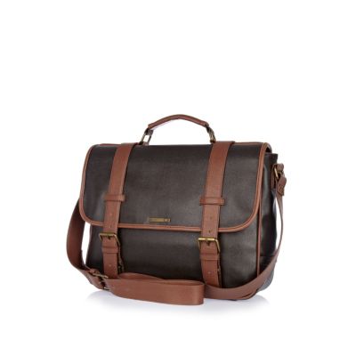 Brown textured contrast strap satchel