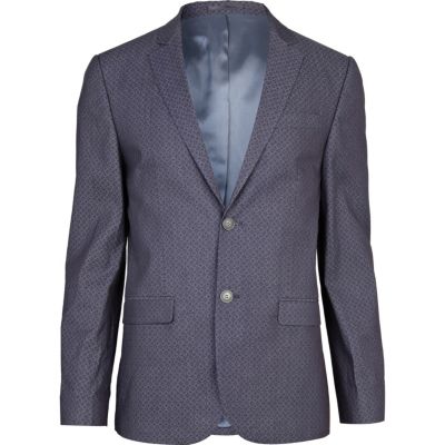 Navy denim floral print blazer