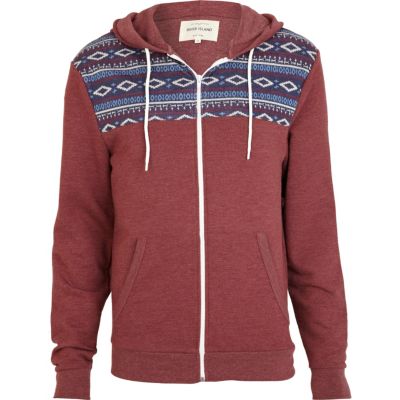 Red marl aztec panel hoodie