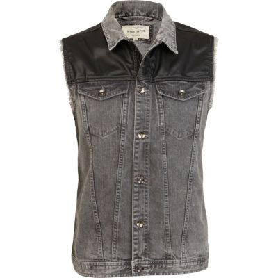 Grey denim PU shoulder gilet