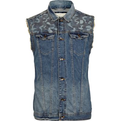 Denim camo panel frayed gilet