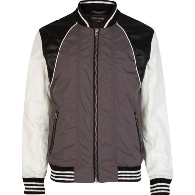Grey colour block bomber jacket