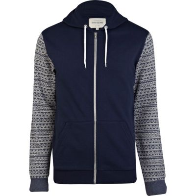 Navy contrast aztec print sleeve hoodie 