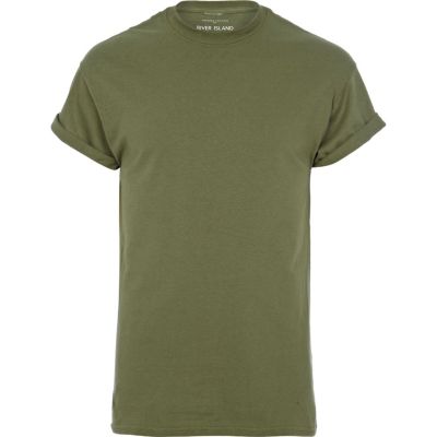 Green crew neck roll sleeve t-shirt