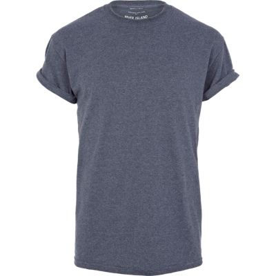 Navy marl crew neck roll sleeve t-shirt