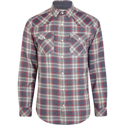 Navy marl check western long sleeve shirt