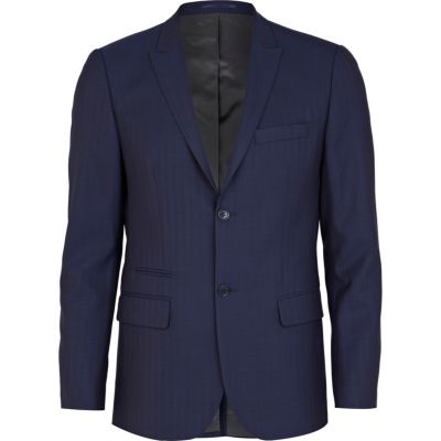 Blue herringbone skinny fit suit jacket