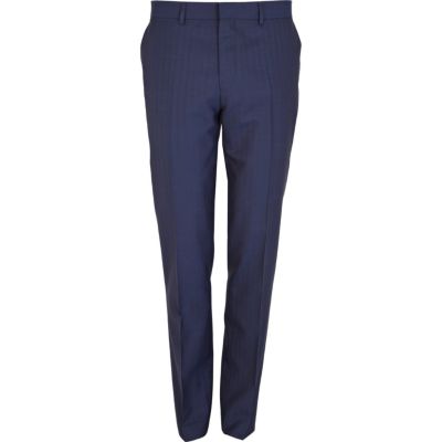 Blue herringbone skinny fit suit trousers