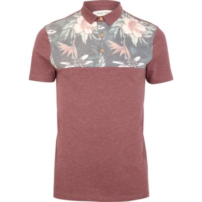 Red floral print yoke polo shirt 