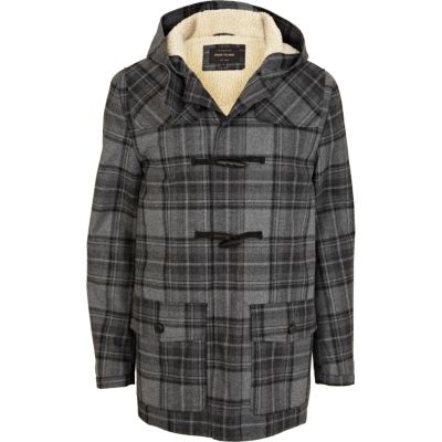 Grey shearling lined check duffle coat