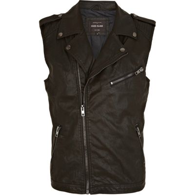 Black leather look biker gilet