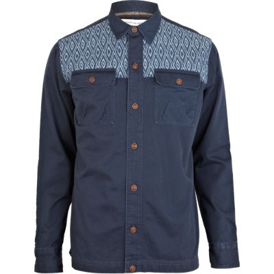 Navy aztec panel denim shacket