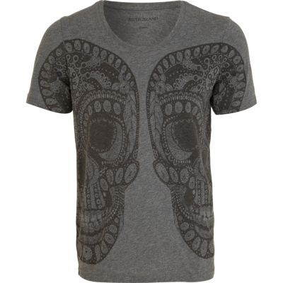 Grey mirrored paisley skull print t-shirt