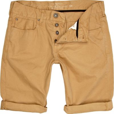 Brown slim fit turn up chino shorts 
