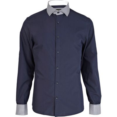 Navy check print trim shirt 