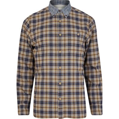 Grey check contrast collar long sleeve shirt