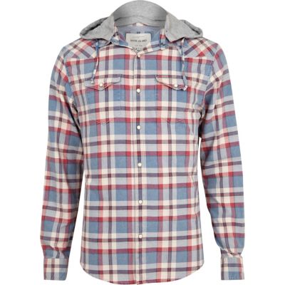 Blue check jersey hooded long sleeve shirt