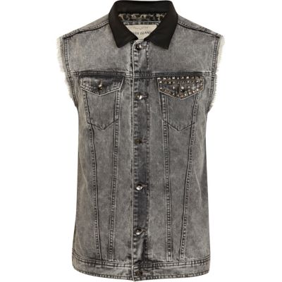 Grey acid wash stud leather look collar gilet