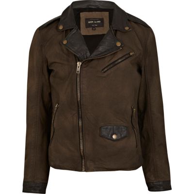 Green and black contrast panel leather jacket