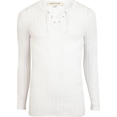 White rib lace neck jumper