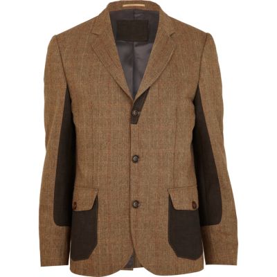 Brown Holloway Road check colour block blazer