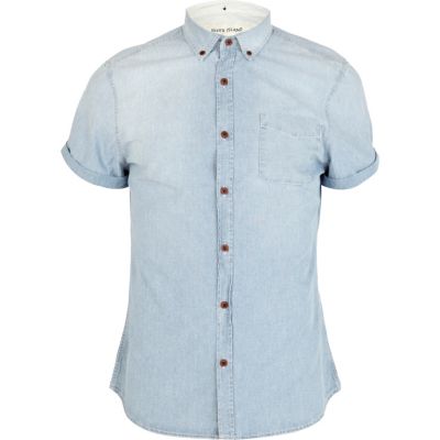 Blue washed short sleeve denim shirt