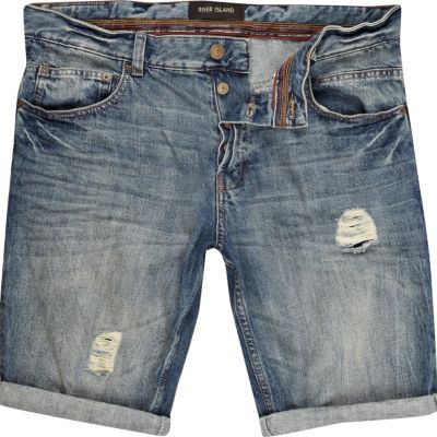 Light wash ripped turn up denim shorts
