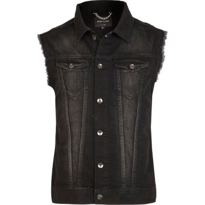 Black wash frayed sleeveless denim jacket